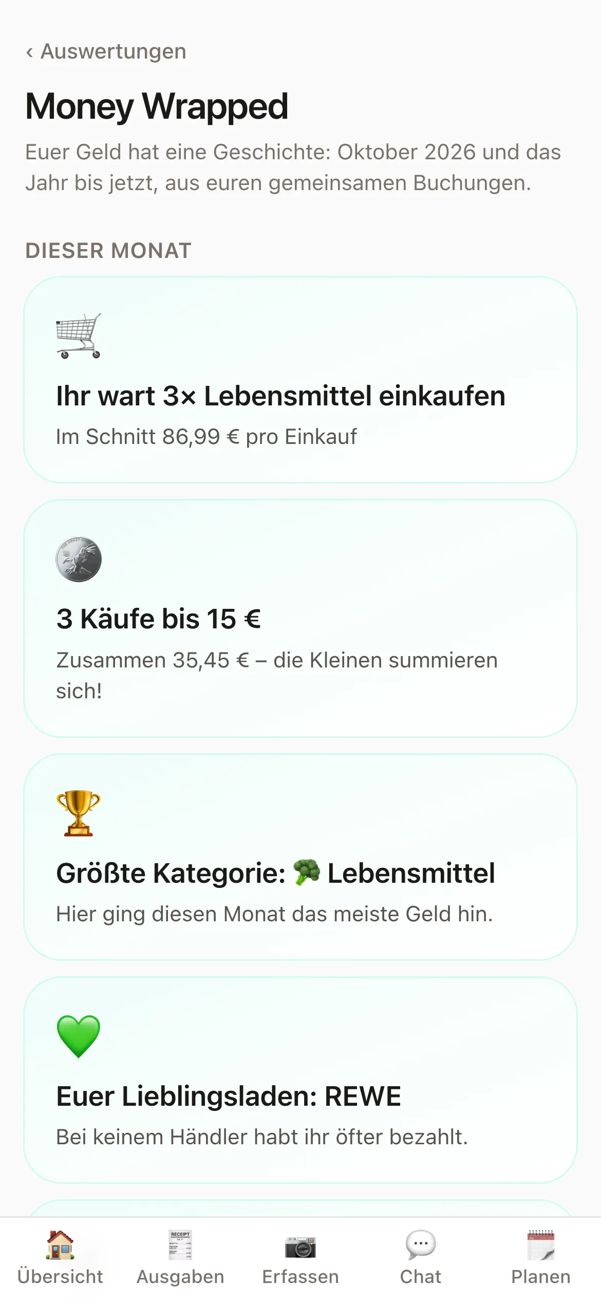 Money Wrapped in Fairmily auf dem Handy, mit Karten zu Einkäufen, kleinen Käufen, der größten Kategorie und dem Lieblingsladen
