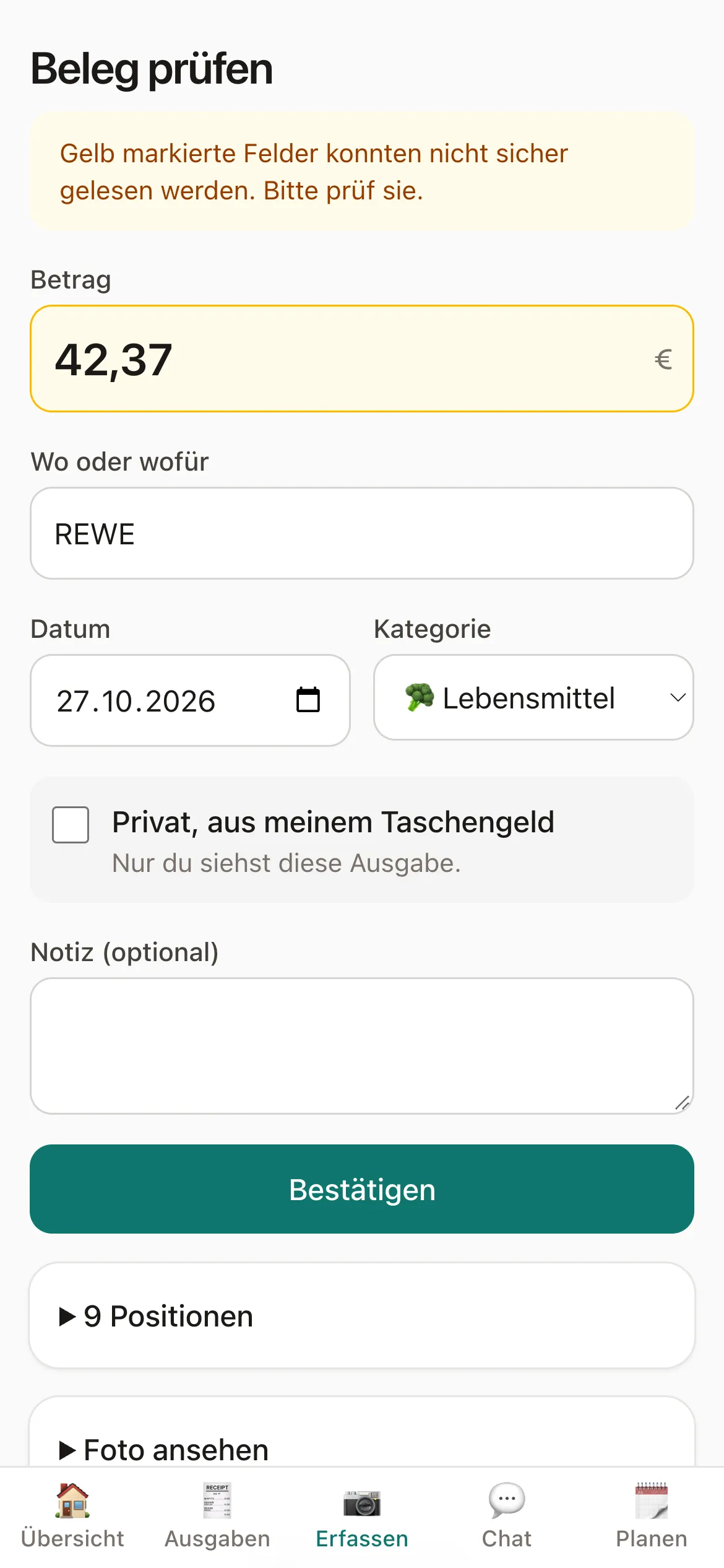 Ein gelesener Kassenzettel in Fairmily zum Prüfen, der unsichere Betrag ist gelb markiert